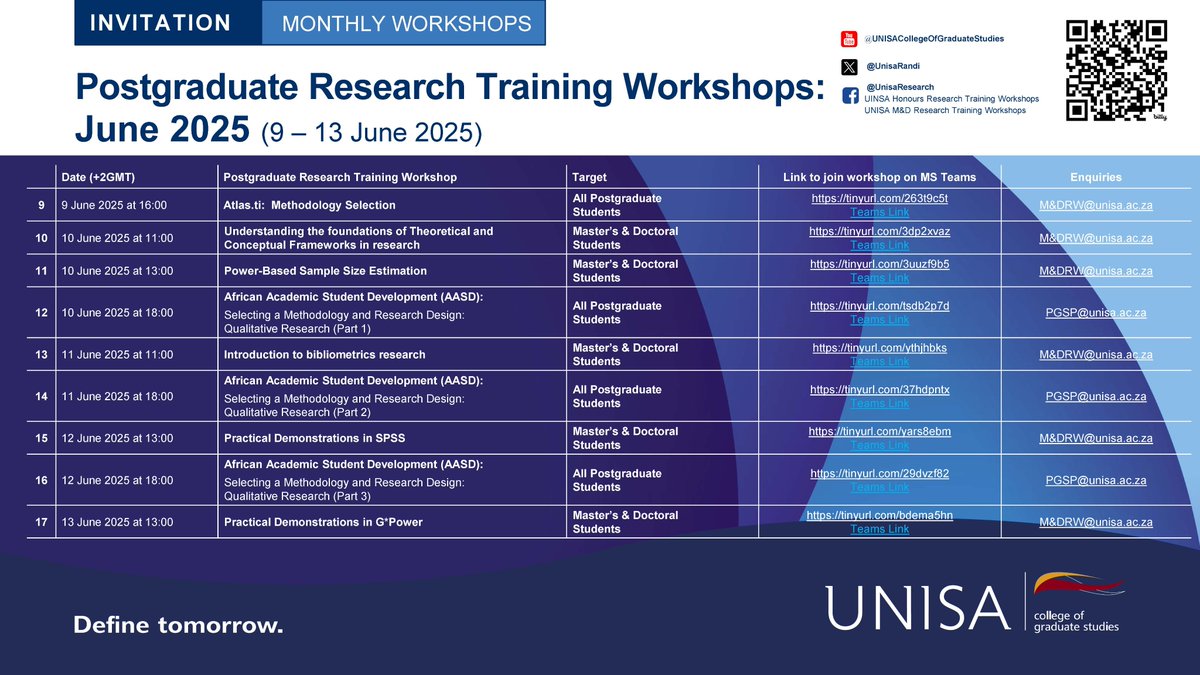 Postgraduate Research Training Workshops Schedule for 9 - 13 JUNE 2025.
9 June - tinyurl.com/263t9c5t
10 June - tinyurl.com/3dp2xvaz
10 June - tinyurl.com/3uuzf9b5
10 June - tinyurl.com/tsdb2p7d
11 June - tinyurl.com/ythjhbks
11 June - tinyurl.com/37hdpntx
12