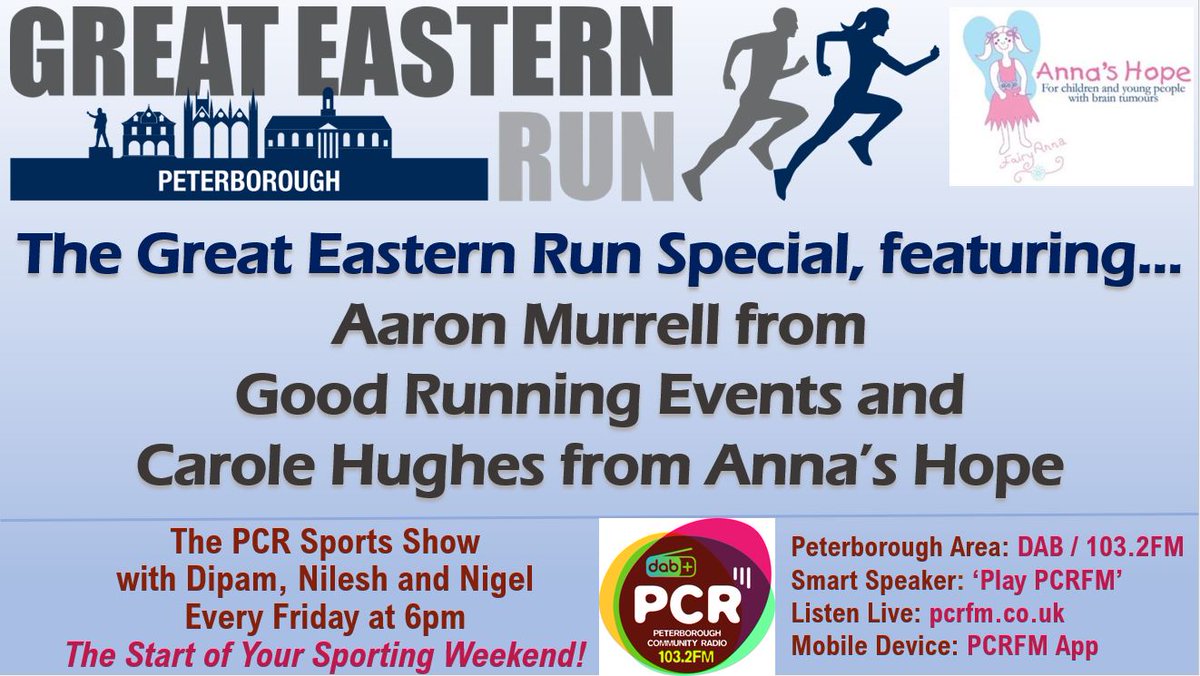 PCR Sports (@sportspcr) on Twitter photo On tonight's show we'll look ahead to the <a href="/GreatEasternRun/">Great Eastern Run</a> in October.
Join us at 6pm as we chat with Aaron Murrell from organisers Good Running Events & Carole Hughes from <a href="/AnnasHopeUK/">Anna's Hope</a>.
๐ปDAB & 103.2FM
๐Smart Speaker 'Play PCRFM'
๐ปpcrfm.co.uk
๐ฑPCRFM App On tonight's show we'll look ahead to the <a href="/GreatEasternRun/">Great Eastern Run</a> in October.
Join us at 6pm as we chat with Aaron Murrell from organisers Good Running Events & Carole Hughes from <a href="/AnnasHopeUK/">Anna's Hope</a>.
๐ปDAB & 103.2FM
๐Smart Speaker 'Play PCRFM'
๐ปpcrfm.co.uk
๐ฑPCRFM App