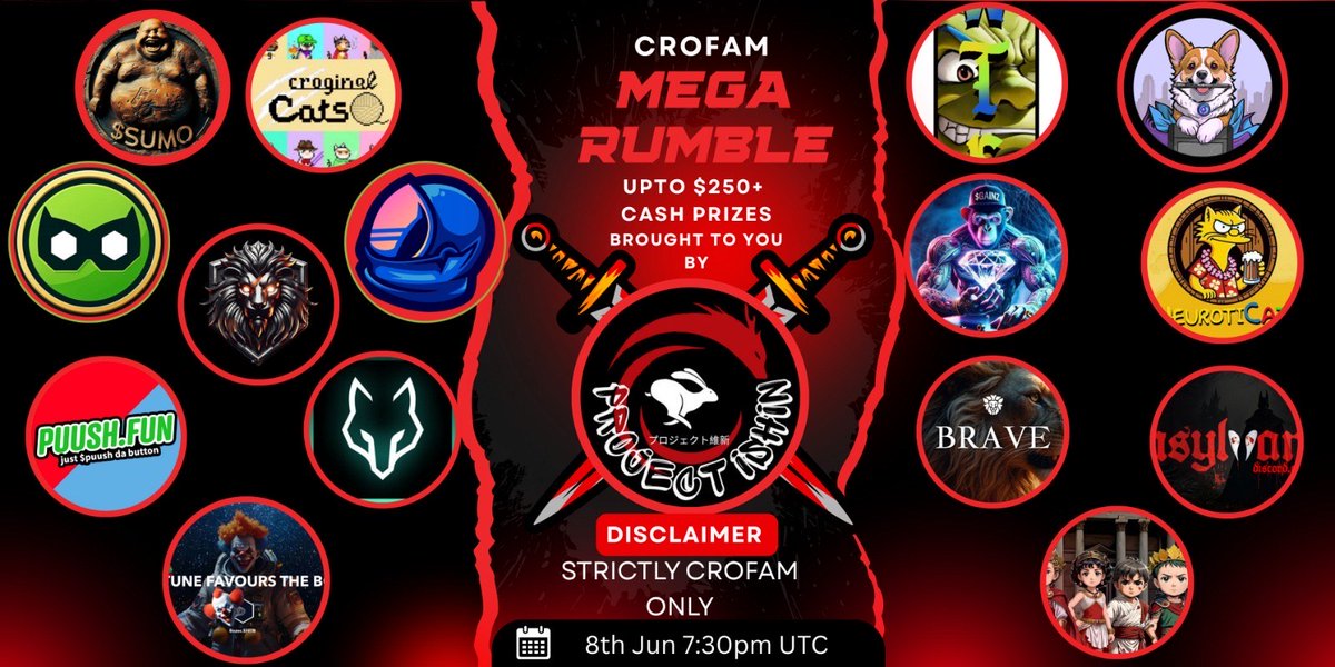 Project Ishin (@project_ishin) on Twitter photo 🚨 #CROFAM — MASSIVE MEGA RUMBLE INCOMING! 🚨
Up to $250+ in prizes this weekend 👀🔥
🛑 Rumble STRICTLY CROFAM ONLY 🛑
🎁 WIN 1x 100 MILLION $BBUNNY
⛩️ Follow:
<a href="/Project_Ishin/">Project Ishin</a> <a href="/LasloSmith/">Laszlo.Smith</a> & <a href="/0xcyberw1zard/">CYBERWIZARD 📜 🧪</a>
⛩️ Follow ALL Sponsors:
<a href="/cronosbrave/">BRAVE</a> @Obsidianswap <a href="/CronosLionel/">Lionel | Web3 NFT Lending & Borrowing</a> 🚨 #CROFAM — MASSIVE MEGA RUMBLE INCOMING! 🚨
Up to $250+ in prizes this weekend 👀🔥
🛑 Rumble STRICTLY CROFAM ONLY 🛑
🎁 WIN 1x 100 MILLION $BBUNNY
⛩️ Follow:
<a href="/Project_Ishin/">Project Ishin</a> <a href="/LasloSmith/">Laszlo.Smith</a> & <a href="/0xcyberw1zard/">CYBERWIZARD 📜 🧪</a>
⛩️ Follow ALL Sponsors:
<a href="/cronosbrave/">BRAVE</a> @Obsidianswap <a href="/CronosLionel/">Lionel | Web3 NFT Lending & Borrowing</a>