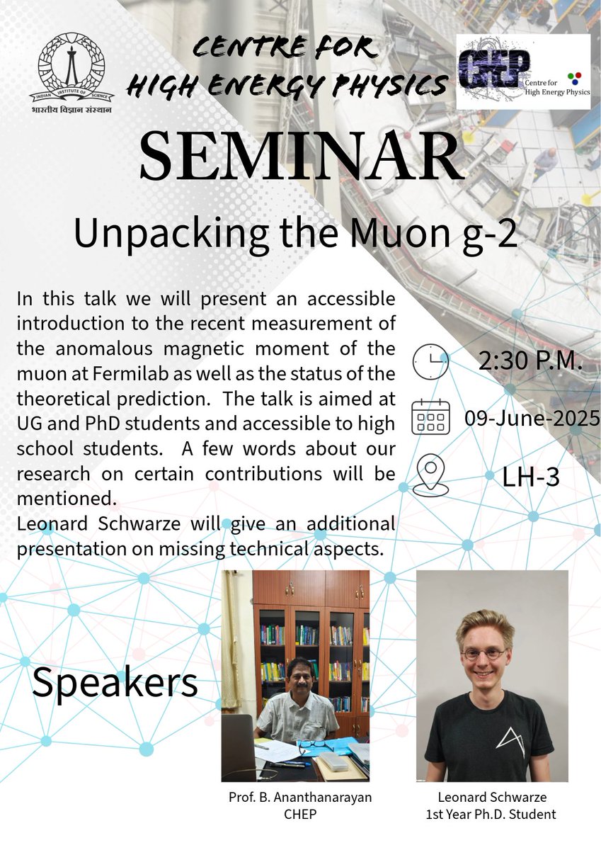 Centre for High Energy Physics, IISc (@chep_iisc) on Twitter photo CHEP Seminar,
Prof. B. Ananthanarayan will be giving a talk on the recent measurements of the anomalous muon g-2 magnetic moments.
Mr. Leonard Schwarze, a Ph.D. student will also be presenting on the missing technical aspects.
<a href="/bananthanarayan/">B Ananthanarayan</a>
<a href="/iiscbangalore/">IISc Bangalore</a> CHEP Seminar,
Prof. B. Ananthanarayan will be giving a talk on the recent measurements of the anomalous muon g-2 magnetic moments.
Mr. Leonard Schwarze, a Ph.D. student will also be presenting on the missing technical aspects.
<a href="/bananthanarayan/">B Ananthanarayan</a>
<a href="/iiscbangalore/">IISc Bangalore</a>