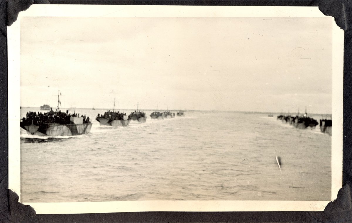 #OTD  6 June 1944 – thousands of Canadians landed in France for Operation Overlord, also known as D-Day. Delivering and escorting the Canadian soldiers was over 100 Royal Canadian Navy vessels. This photo is of Landing Crafts carrying Canadian troops headed for the beach on #DDay