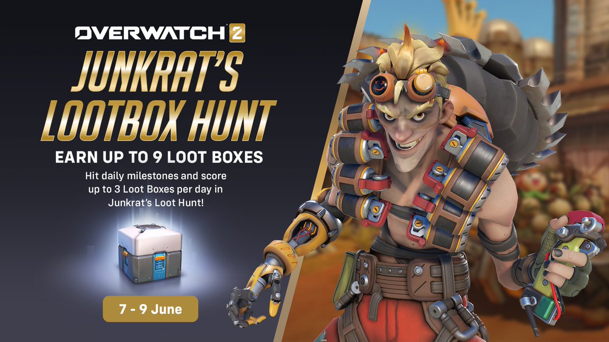 Junkrat’s on the hunt for more Loot and he needs your help to find it all 🎁

Join us this weekend for Junkrat’s Loot Hunt! Complete challenges and hit daily milestones for your chance to score up to 3 Loot Boxes per day 7-9 June AEST 🤩