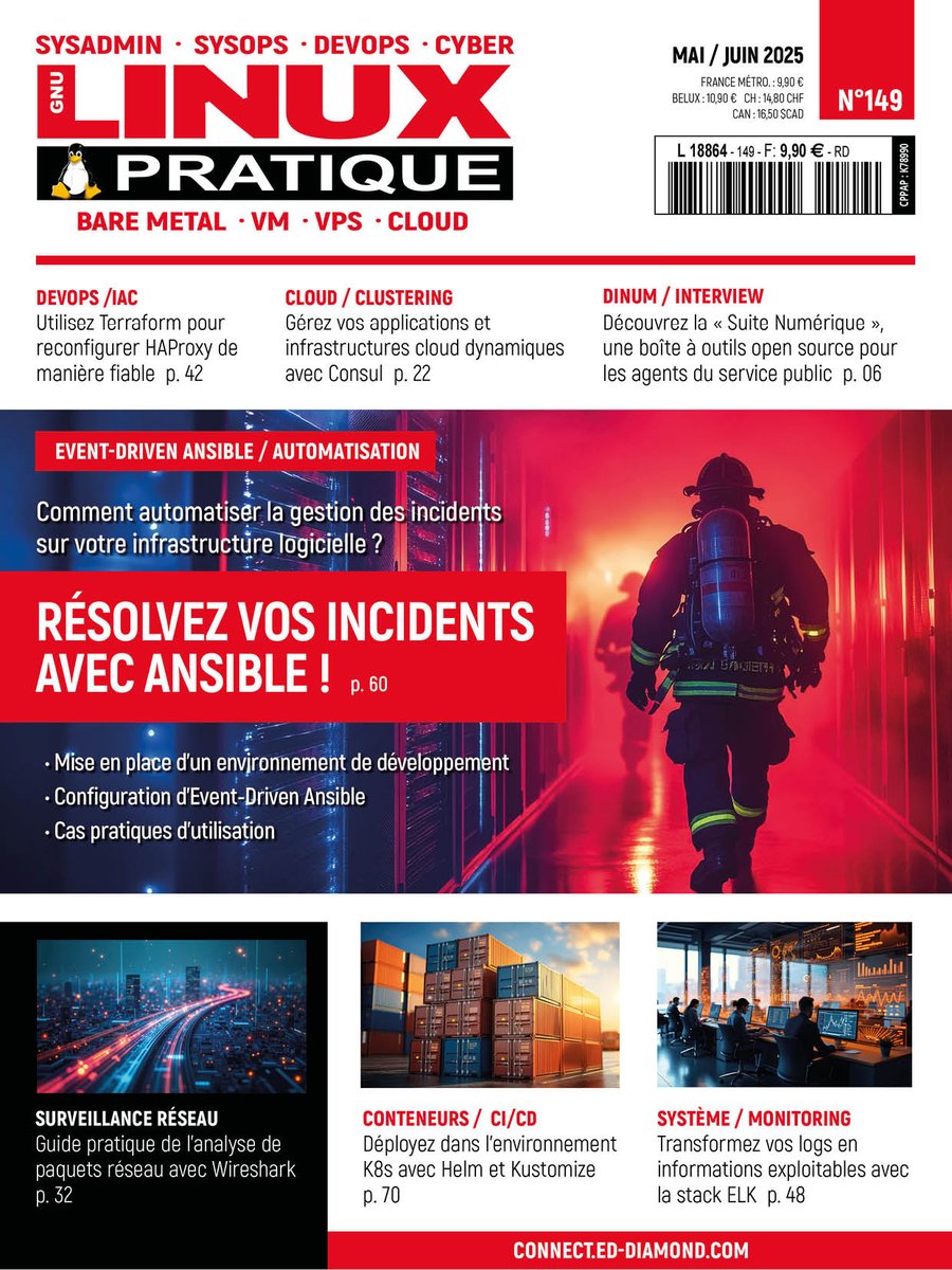 sysopspratique's tweet image. Ne manquez pas notre dernier numéro en kiosque et en ligne : il est entre autres consacré à l&apos;automatisation de la gestion des incidents avec #ansible ! Plus d&apos;infos sur boutique.ed-diamond.com/nouveautes/177…