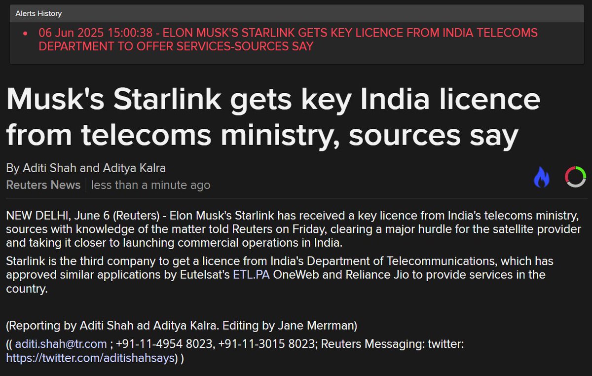 Aditi Shah (@aditishahsays) on Twitter photo #OnReuters Amid the Musk-Trump chaos, some better news. India has granted <a href="/elonmusk/">Elon Musk</a> <a href="/Starlink/">Starlink</a> a key satcom license taking it closer to launching commercial operations. This comes despite multiple face-offs with rival <a href="/reliancejio/">Reliance Jio</a>. Story with <a href="/adityakalra/">Aditya Kalra</a> #OnReuters Amid the Musk-Trump chaos, some better news. India has granted <a href="/elonmusk/">Elon Musk</a> <a href="/Starlink/">Starlink</a> a key satcom license taking it closer to launching commercial operations. This comes despite multiple face-offs with rival <a href="/reliancejio/">Reliance Jio</a>. Story with <a href="/adityakalra/">Aditya Kalra</a>