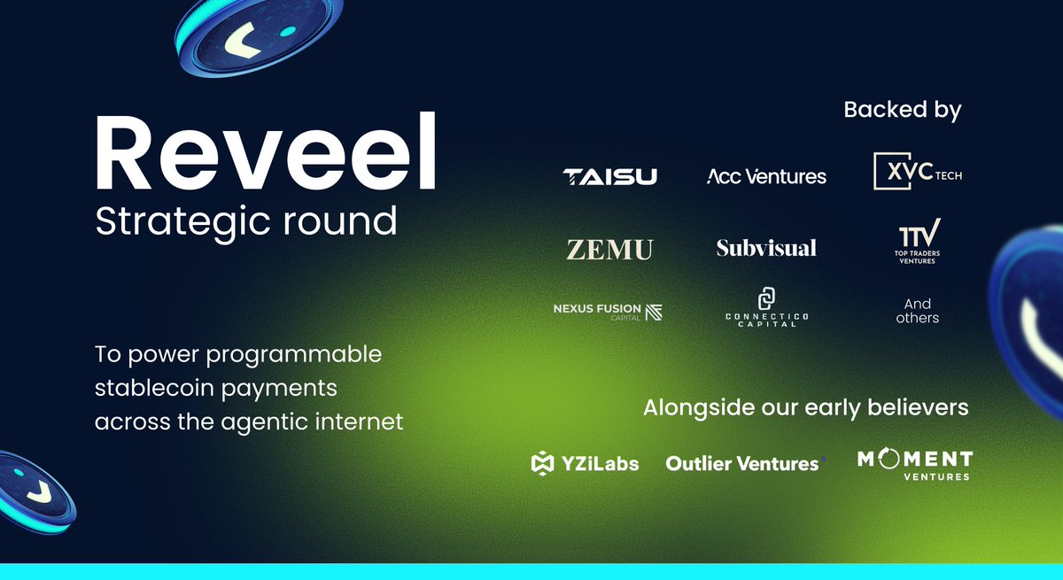 Reveel (@r3vl_xyz) on Twitter photo We’ve raised strategic capital to bring AI-native stablecoins payments to the world
Today, we're backed by <a href="/Taisu_Ventures/">Taisu Ventures</a> <a href="/AccVentures/">AccVentures</a> <a href="/XVCTech/">XDC Ventures (XVC.TECH)</a> <a href="/zemuvc/">ZEMUVC</a> <a href="/subvisual/">Subvisual</a>, <a href="/TopTradersbyTV/">TT | 🏆</a> <a href="/nexusfusioncap/">Nexus Fusion Capital</a> <a href="/Connectico_CON/">Connectico Capital</a> & others
alongside our early believers <a href="/yzilabs/">YZi Labs</a>, <a href="/OVioHQ/">Outlier Ventures</a>, We’ve raised strategic capital to bring AI-native stablecoins payments to the world
Today, we're backed by <a href="/Taisu_Ventures/">Taisu Ventures</a> <a href="/AccVentures/">AccVentures</a> <a href="/XVCTech/">XDC Ventures (XVC.TECH)</a> <a href="/zemuvc/">ZEMUVC</a> <a href="/subvisual/">Subvisual</a>, <a href="/TopTradersbyTV/">TT | 🏆</a> <a href="/nexusfusioncap/">Nexus Fusion Capital</a> <a href="/Connectico_CON/">Connectico Capital</a> & others
alongside our early believers <a href="/yzilabs/">YZi Labs</a>, <a href="/OVioHQ/">Outlier Ventures</a>,