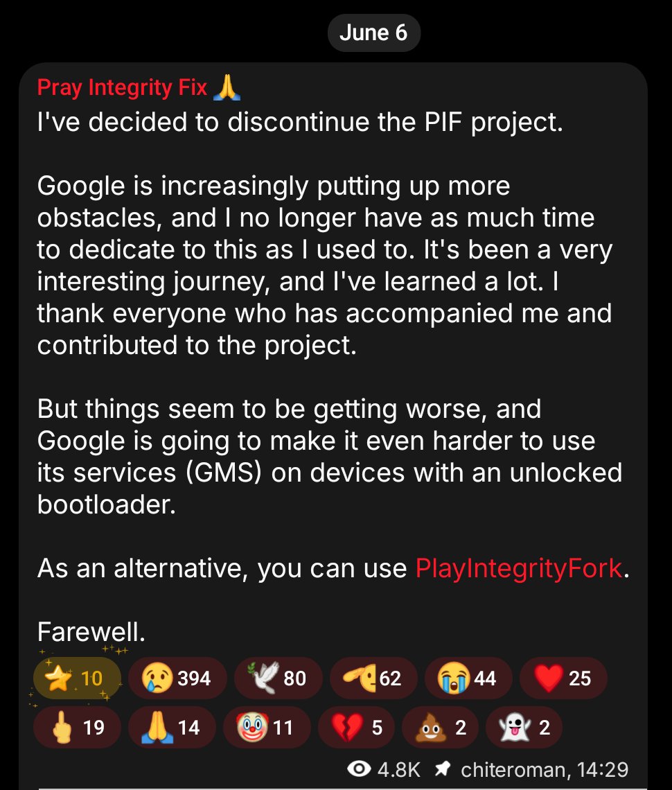 nightcode_x's tweet image. 🕯️ RIP Play Integrity Fix (PIF)
Another blow to the Custom ROM & root community.
Google’s war on unlocked bootloaders continues.
Thanks to devs who fought for our freedom.
Support lives on through PlayIntegrityFork.
#CustomROM #RootAndroid #PIF #Android