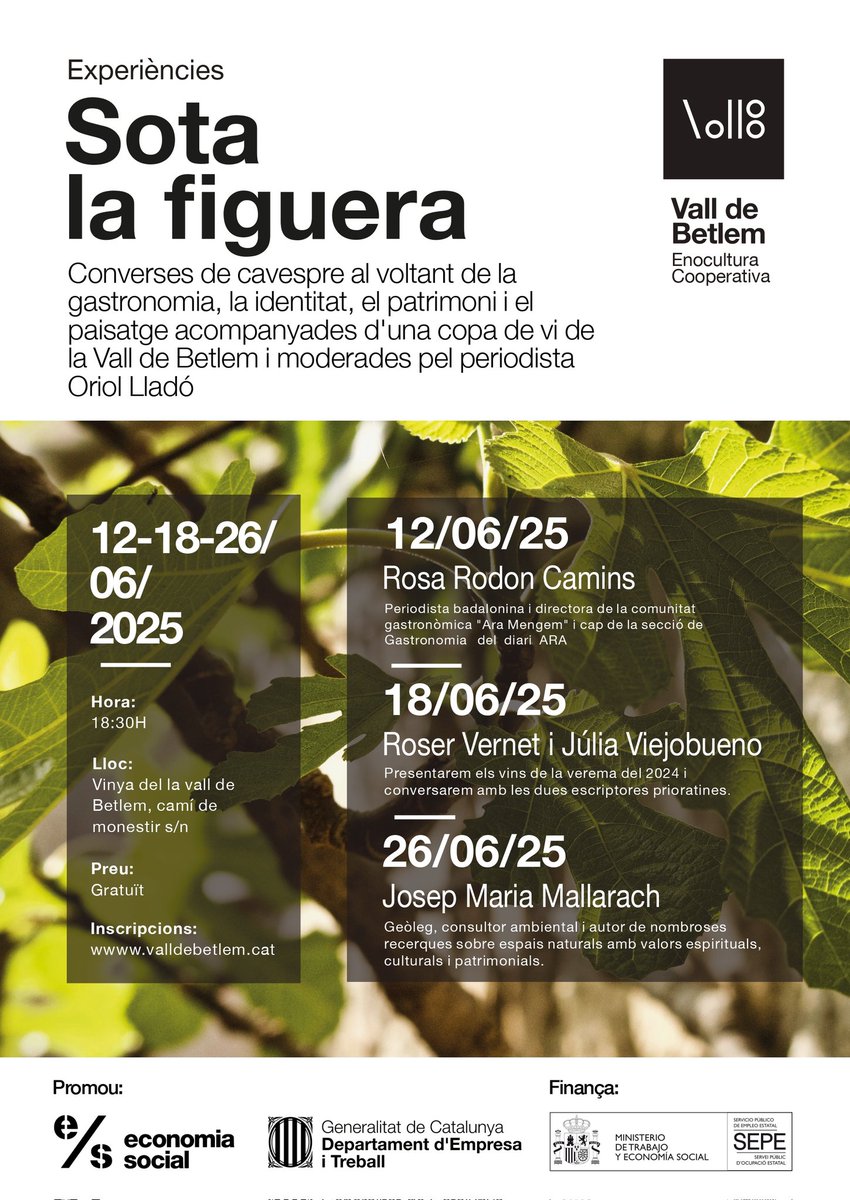 Viu una experiència diferent a la vinya de Sant Jeroni de la Murtra. Tres converses de capvespre al voltant de la gastronomia, la identitat, el patrimoni i el paisatge acompanyades d'una copa de vi de la Vall de Betlem. Més info i inscripcions a tuit.cat/ou6iq
