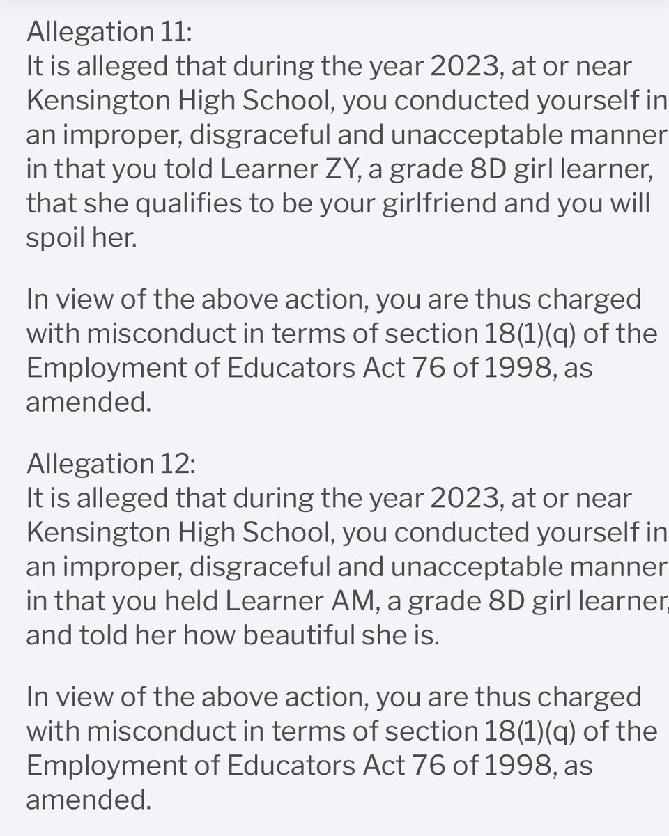 I see there are certain people making jokes about this disturbing conduct by a teacher towards young school girls. Perhaps let me provide further context. These were the allegations against Lindokuhle Siwela that were found to have merit.
