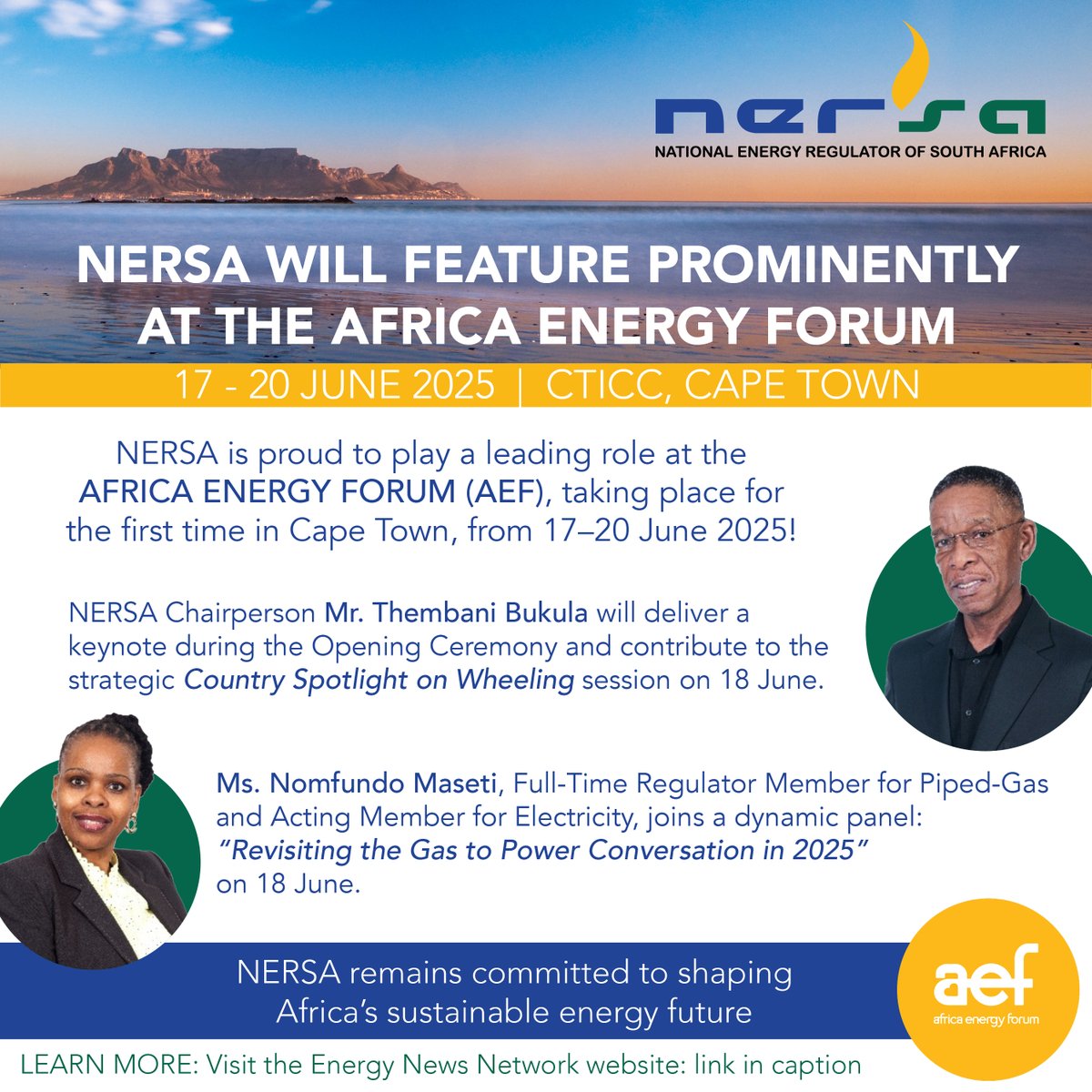 NERSA is proud to play a leading role at the AFRICA ENERGY FORUM (AEF), taking place for the first time in Cape Town, from 17–20 June 2025 energy-news-network.com/networking/afr…