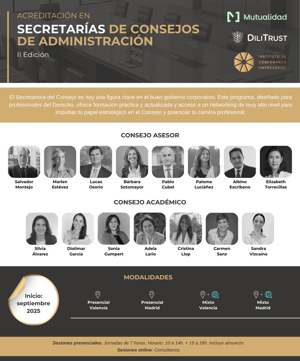Instituto de Gobernanza Empresarial (@igobernanzaemp) on Twitter photo 🔎 Esta semana hemos presentado la Acreditación en Secretarías de Consejos de Administración.
🗓 Inicio: septiembre 2025
📝 Plazas limitadas. Beneficios "early bird"
Más info y solicitud de inscripción: foro@igobernanzaempresarial.com
<a href="/Mutualidad_es/">Mutualidad</a> <a href="/DiliTrust_/">DiliTrust</a> 🔎 Esta semana hemos presentado la Acreditación en Secretarías de Consejos de Administración.
🗓 Inicio: septiembre 2025
📝 Plazas limitadas. Beneficios "early bird"
Más info y solicitud de inscripción: foro@igobernanzaempresarial.com
<a href="/Mutualidad_es/">Mutualidad</a> <a href="/DiliTrust_/">DiliTrust</a>