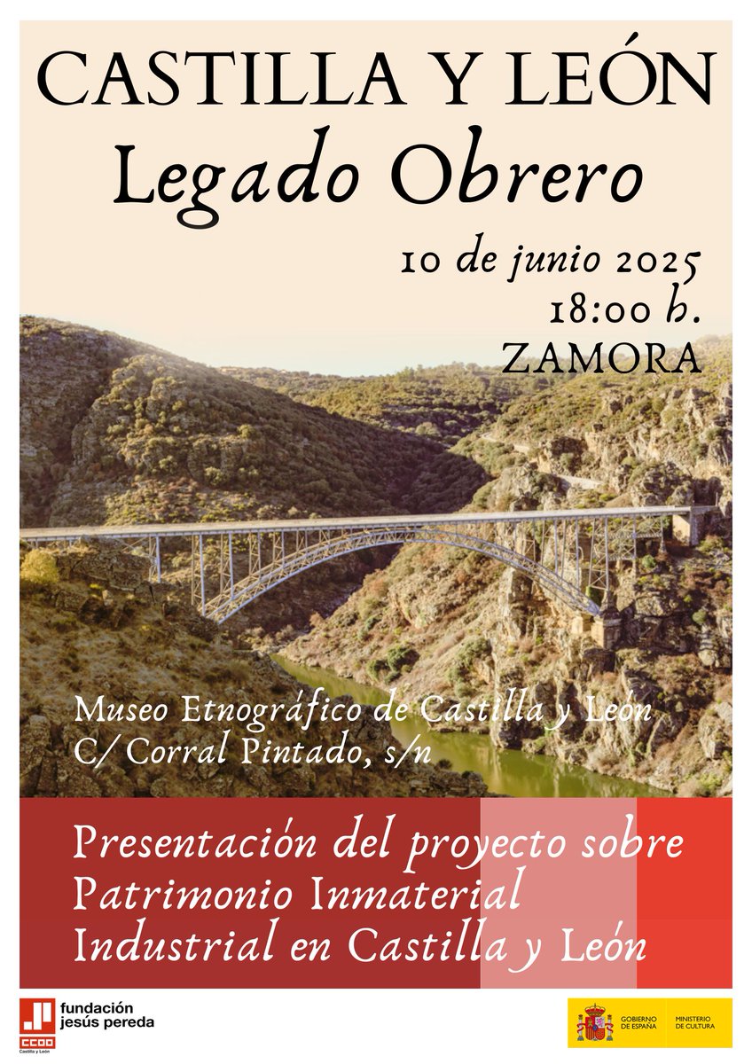 Fundación Jesús Pereda de CCOO Castilla y León (@fjpcyl) on Twitter photo 👉ZAMORA 10 de junio
Estaremos en el <a href="/Muset_CyL/">MuseoEtnográficoCyL</a> presentando nuestro proyecto de Patrimonio Inmaterial Industrial, que incluye un vídeo imprescindible realizado junto a <a href="/VisualCrea2010/">¡Visual Crea!</a>
¡Nos vemos el martes a las 18h00! 👉ZAMORA 10 de junio
Estaremos en el <a href="/Muset_CyL/">MuseoEtnográficoCyL</a> presentando nuestro proyecto de Patrimonio Inmaterial Industrial, que incluye un vídeo imprescindible realizado junto a <a href="/VisualCrea2010/">¡Visual Crea!</a>
¡Nos vemos el martes a las 18h00!