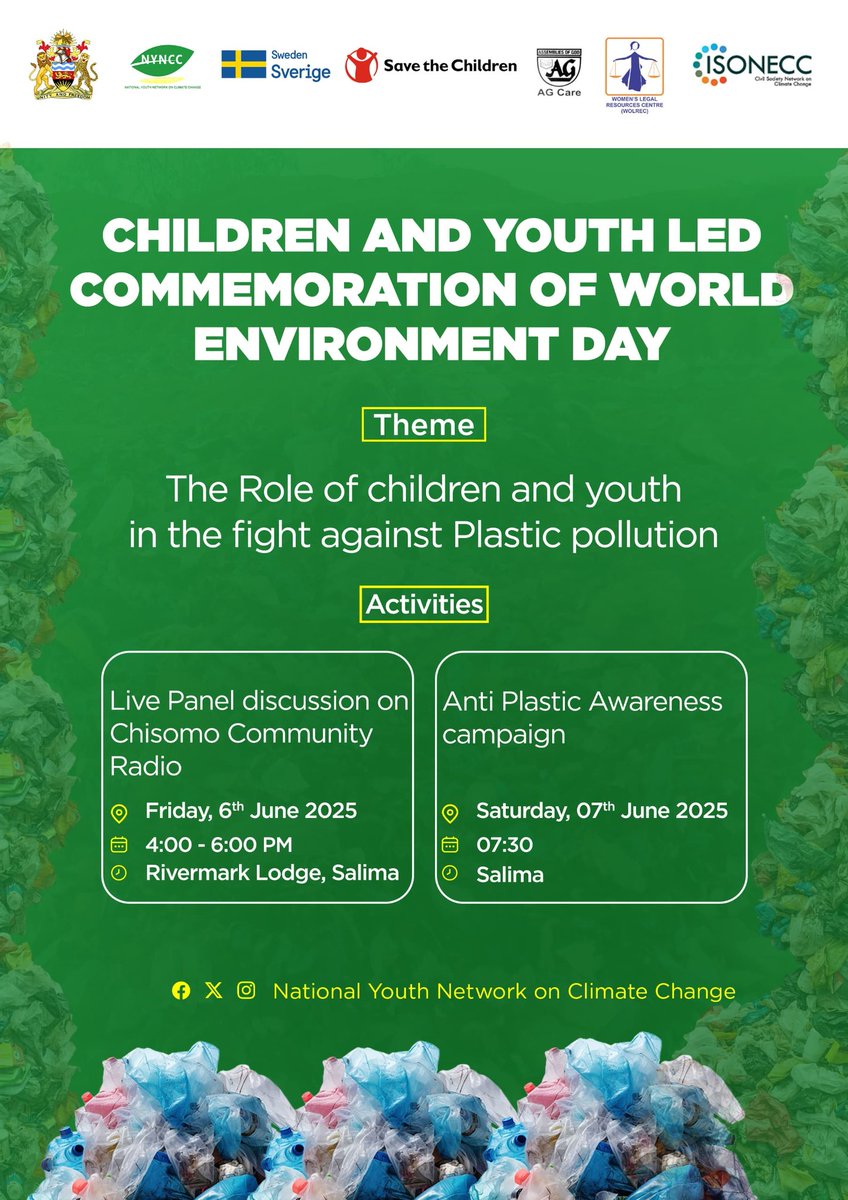 In commemoration of #WorldEnvironmentDay,  NYNCC, CISONECC, AG Care &amp; <a href="/WOLREC1/">WOLREC</a>  with Salima D.C are hosting the Ant-Plastic Awareness Campaign. 

“The Role of Children and Youth in the Fight Against Plastic Pollution”

📍 Salima
📆 7th June 2025
🕓 7:30AM