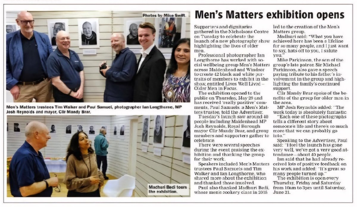 Men's Matters (@mens_matters) on Twitter photo Great coverage of our Photographic Show launch in this week's Maidenhead Advertiser. Thanks to all who attended and the public for visiting our unit in Nicholson's Centre, Maidenhead. We're open on Thurs, Fri and Saturdays until 21st June.
<a href="/MaidenheadAds/">MaidenheadAdvertiser</a>
<a href="/RBWM/">RBWM</a> <a href="/RbwmResidents/">RBWM Residents</a> Great coverage of our Photographic Show launch in this week's Maidenhead Advertiser. Thanks to all who attended and the public for visiting our unit in Nicholson's Centre, Maidenhead. We're open on Thurs, Fri and Saturdays until 21st June.
<a href="/MaidenheadAds/">MaidenheadAdvertiser</a>
<a href="/RBWM/">RBWM</a> <a href="/RbwmResidents/">RBWM Residents</a>
