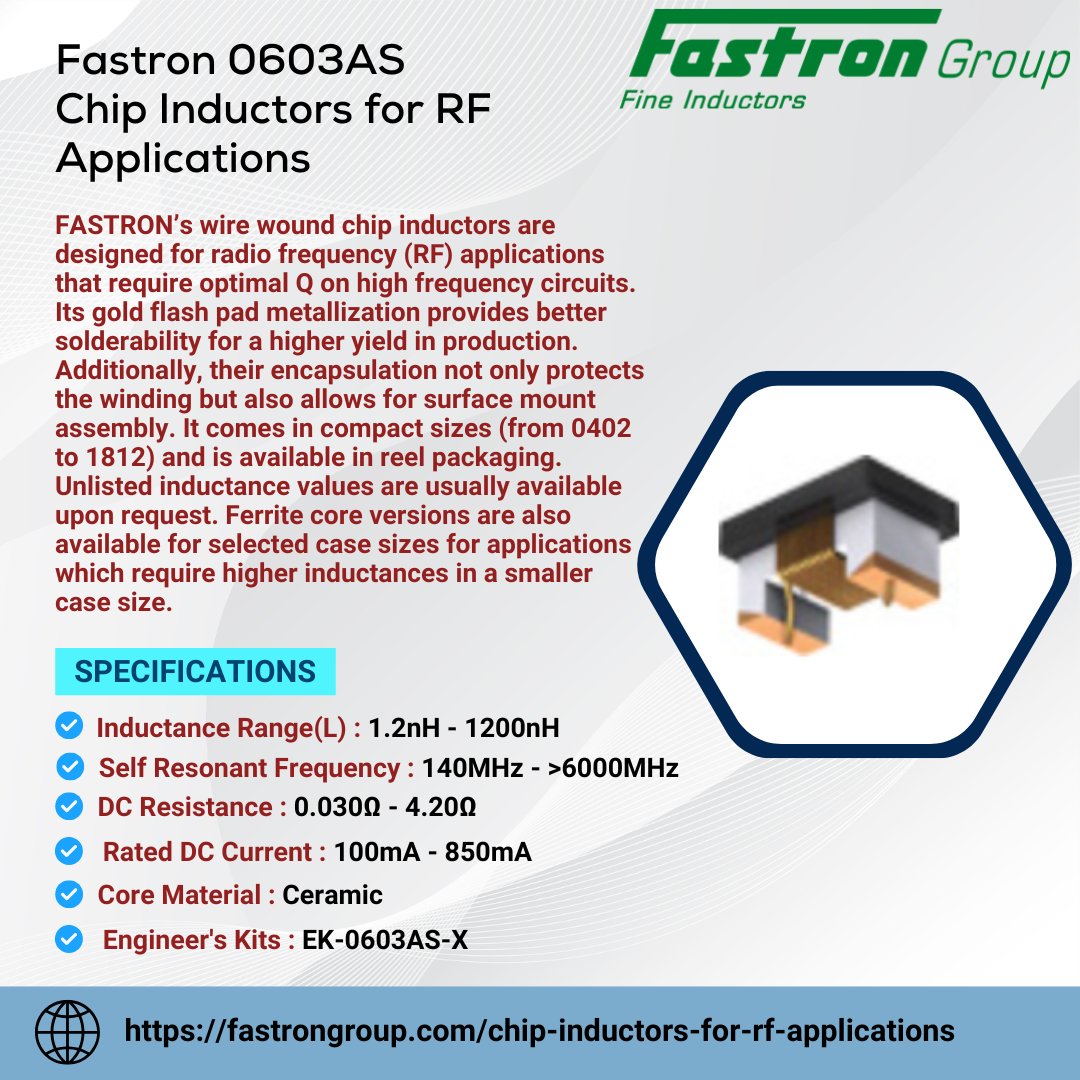 FastronGroup's tweet image. Fastron 0603AS Chip Inductors for RF Applications

For more info: fastrongroup.com/chip-inductors…

#fastrongroup #0603AS #chipinductors #rfinductors #surfacemountinductors #highfrequencycomponents #rfapplications #smdinductors #fastroninductors #electroniccomponents #rohscompliant