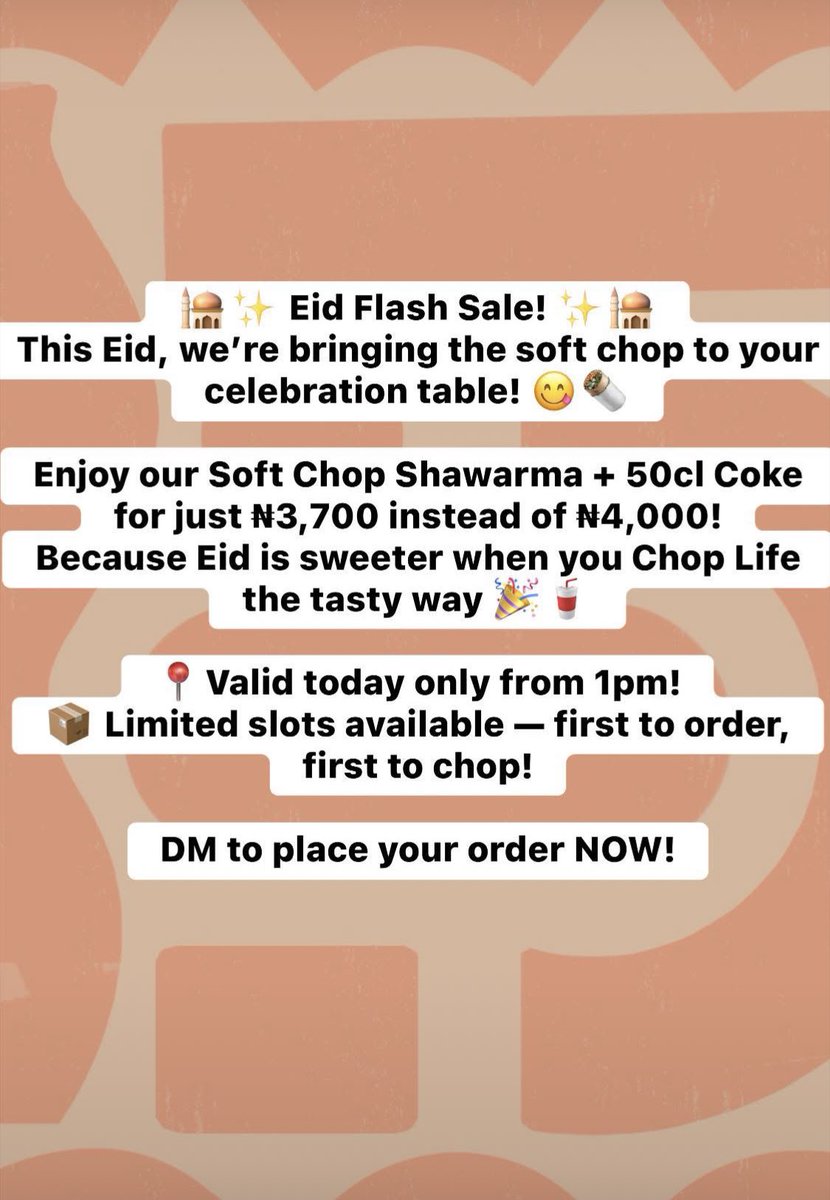 Eid Mubarak, my people! 🌙🔥
Na who dey soft this Eid? YOU! 😋

Get our Soft Chop Shawarma + Coke for just ₦3,700 (instead of ₦4,000) – because life na one, and ya kamata mu chi sosai 🌯🥤

Limited slots o! DM sharp-sharp!
#ChopLifeWraps #SoftChopEid #EidMubarak