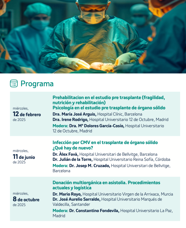 SETrasplante (@setrasplante) on Twitter photo Próximo webinar del PROGRAMA FORMATIVO: Sesiones interhospitalarias en trasplante <a href="/MSDEspana/">MSD España</a>
Sesión 2 📍Miércoles 11 junio 16:30h CEST, emisión virtual acortar.link/S6PUoQ
Infección por CMV en el trasplante de órgano sólido ¿Qué hay de nuevo? Modera <a href="/crz_garrit/">Josep Maria Cruzado</a> <a href="/hbellvitge/">Hospital Universitari Bellvitge | HUB</a> Próximo webinar del PROGRAMA FORMATIVO: Sesiones interhospitalarias en trasplante <a href="/MSDEspana/">MSD España</a>
Sesión 2 📍Miércoles 11 junio 16:30h CEST, emisión virtual acortar.link/S6PUoQ
Infección por CMV en el trasplante de órgano sólido ¿Qué hay de nuevo? Modera <a href="/crz_garrit/">Josep Maria Cruzado</a> <a href="/hbellvitge/">Hospital Universitari Bellvitge | HUB</a>