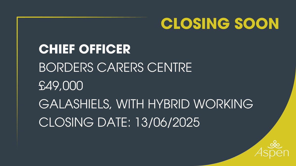 Last chance, this great opportunity closes next week! ⏰

Chief Officer of Borders Carers Centre will lead the organisation to deliver on its mission and strategy, ensuring that high-quality, person-centred support reaches unpaid carers across the Borders: aspenpeople.co.uk/borders-carers…
