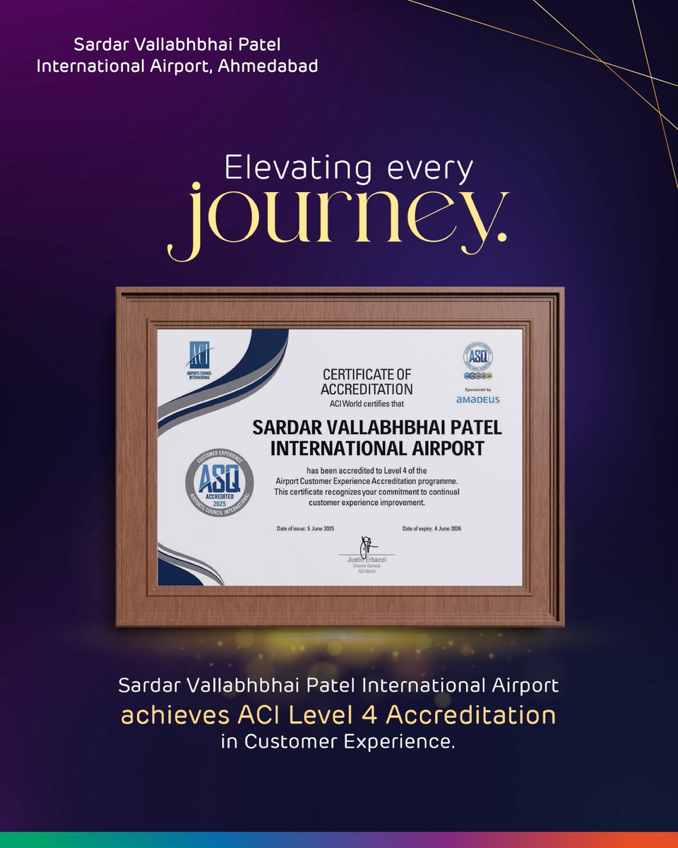#AhmedabadAirport has achieved Level 4 Accreditation in Airport Customer Experience by Airports Council International (ACI) — a significant advancement from the Level 3 accreditation received in May 2024.

This achievement reflects the commitment of #SVPIA towards enhancing