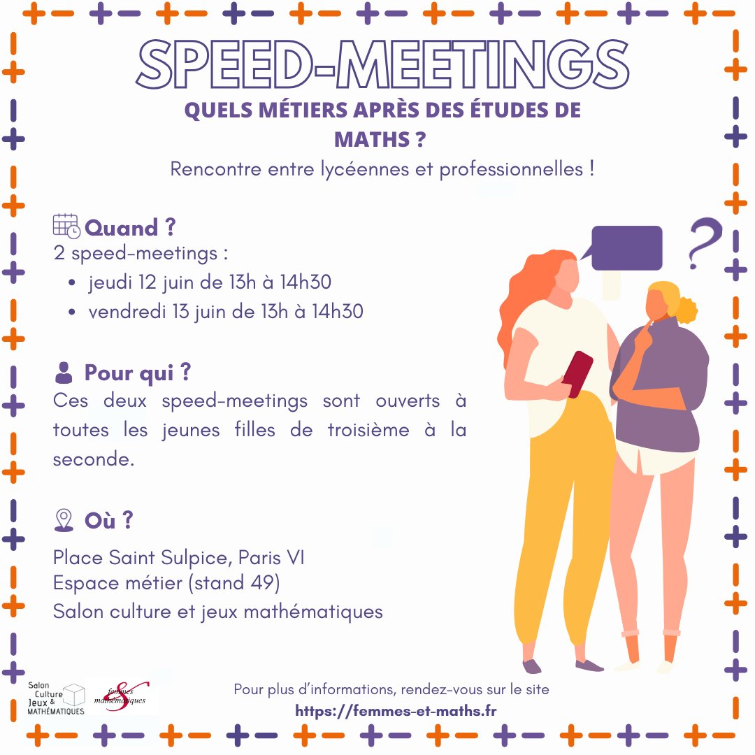 Salon Maths (@salonmaths) on Twitter photo 🚨 Il reste des places pour les speed-meetings organisées par <a href="/femmesetmaths/">femmes et maths</a> sur notre salon !
👩🏫 Collégiennes & lycéennes
📅 les 12 & 13 juin de 13h à 14h30
📍 Espace métier
🔗 Inscriptions par votre enseignant·e (avant le 8 juin) : femmes-et-maths.fr/de-lecole-au-l… 🚨 Il reste des places pour les speed-meetings organisées par <a href="/femmesetmaths/">femmes et maths</a> sur notre salon !
👩🏫 Collégiennes & lycéennes
📅 les 12 & 13 juin de 13h à 14h30
📍 Espace métier
🔗 Inscriptions par votre enseignant·e (avant le 8 juin) : femmes-et-maths.fr/de-lecole-au-l…