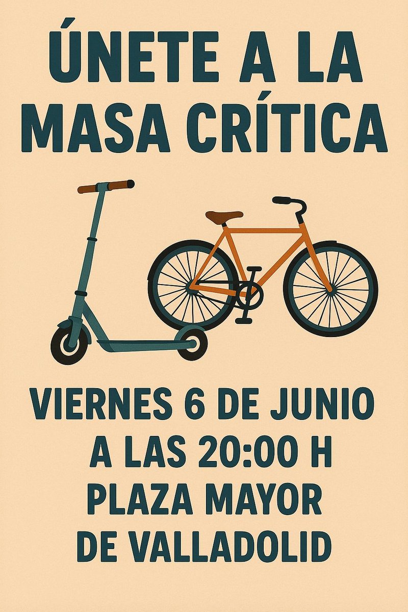 MASA CRÍTICA en #Valladolid 🚲. Viernes 6 de junio, como todos los primeros viernes de mes desde hace más de 20 años. Os esperamos a las 20:00 horas en la Plaza Mayor (frente al Ayto.) para dar un paseo por la ciudad. ¡Que no pare la masa!

🚲 🚲 🚲 🚲 
#MasaCritica #CriticalMass
