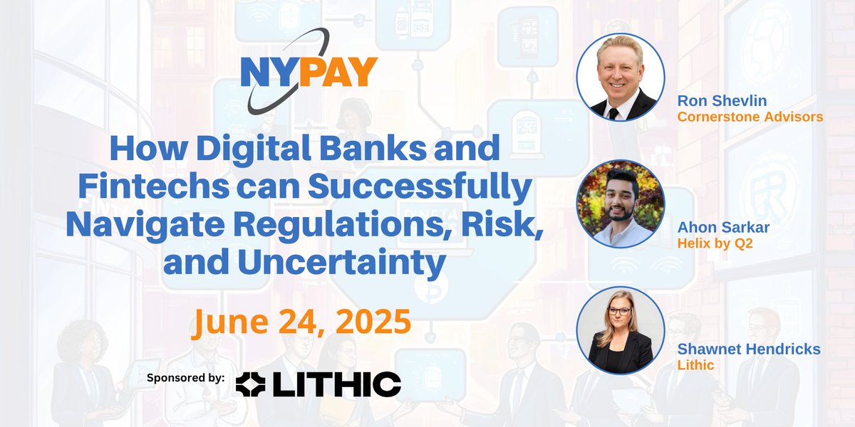 NYPAYGROUP's tweet image. Stay ahead of shifting fintech regs with insights from industry leaders.
Speaking:
Ron Shevlin, @CornerstoneAdvs
Ahon Sarkar, Helix by Q2
Shawnet Hendricks, @lithic
Sponsored by: @lithic
t.ly/51Jhp
#NYPAY #fintech #payments #networking #fintech #banking