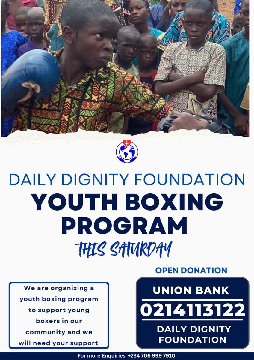 DAILYDIGNITYCF's tweet image. 🥊 Support Tomorrow’s Champions!
This Saturday, Daily Dignity Foundation is hosting a Youth Boxing Program to empower young talents. Every punch builds confidence and discipline. 💪🏾
💙 Donate &amp;amp; help us shape future champions!
#YouthEmpowerment #BoxingForChange #SupportOurFuture