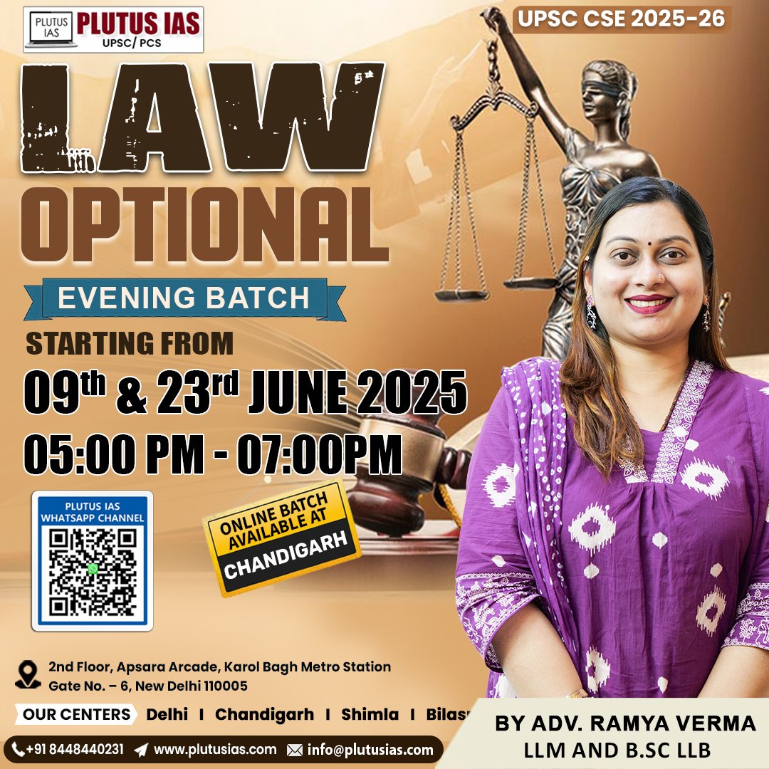 ias_plutus's tweet photo. βοΈ Plutus IAS β Law Optional (Evening Batch)
Join Adv. Ramya Verma for expert guidance!
π
Starts: 9th & 23rd June | π 5β7 PM
π Karol Bagh, Delhi | π» Online for Chandigarh
π― Limited Seats β Call 8448440231
π https://t.co/le0aDPMyvc
.
#LawOptional #UPSC2025 #IASCoaching https://t.co/v7zMQakJdl