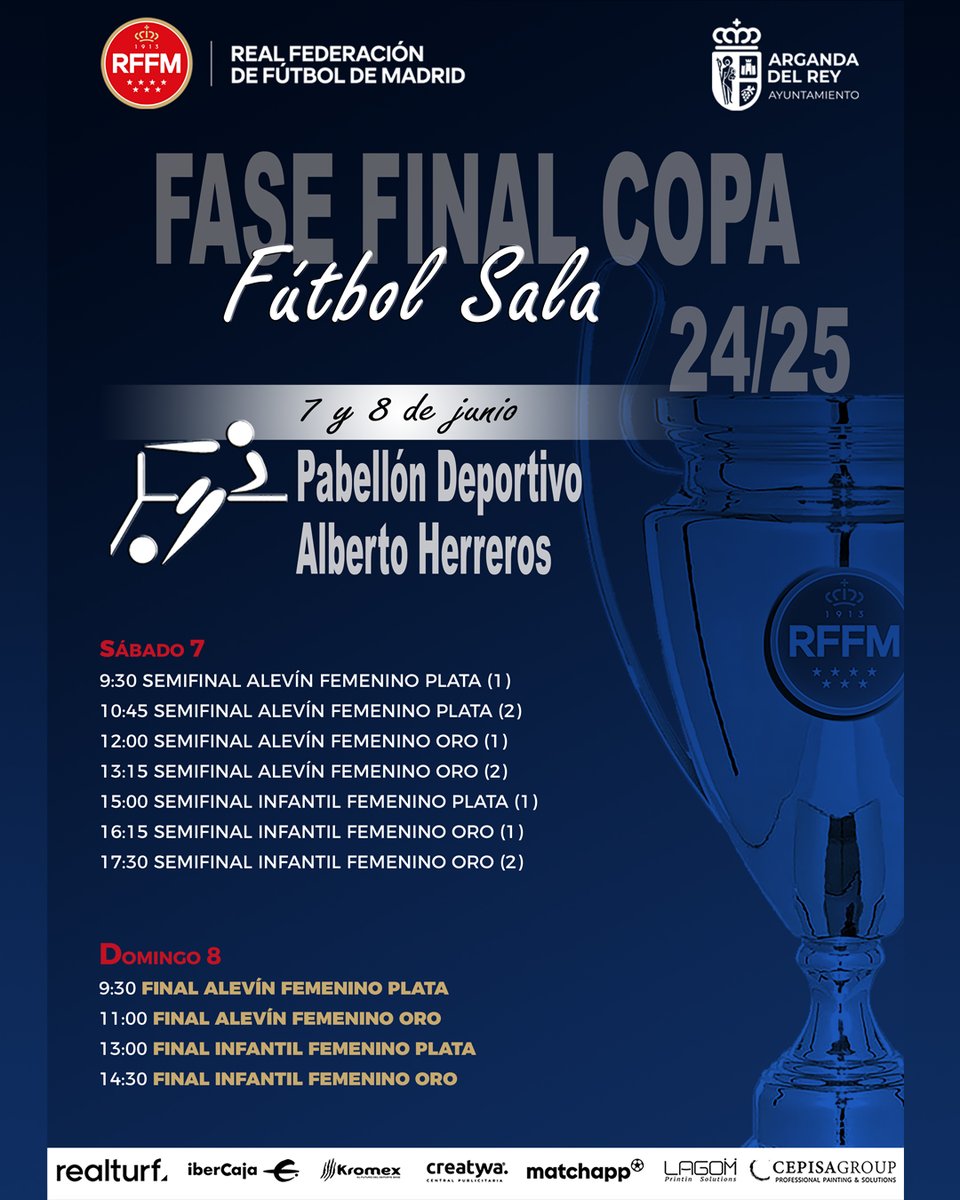 Comité de Fútbol Sala - RFFM (@rffm_futbolsala) on Twitter photo ➡️ Desde mañana 7 de junio hasta el 8 de junio, el Pabellón Deportivo Alberto Herreros ( <a href="/Arganda_Ayto/">Arganda del Rey</a> ) será una de las Sedes de la Fase Final de la Copa Fútbol Sala 24/25. ➡️ Desde mañana 7 de junio hasta el 8 de junio, el Pabellón Deportivo Alberto Herreros ( <a href="/Arganda_Ayto/">Arganda del Rey</a> ) será una de las Sedes de la Fase Final de la Copa Fútbol Sala 24/25.