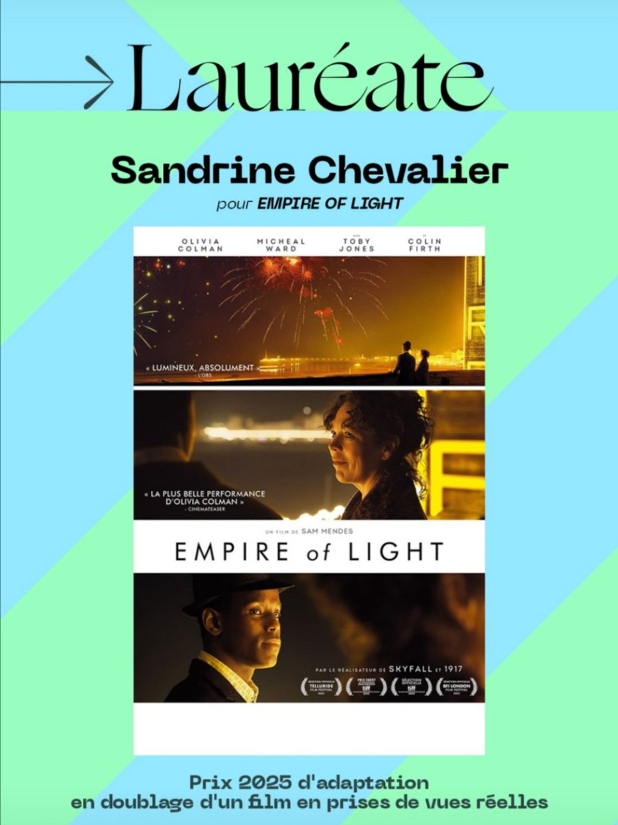 Très heureuse et honorée d'avoir reçu le prix #ataa2025. Je remercie Disney de m'avoir fait confiance pour l'adaptation française de film magnifique de Sam Mendes et je partage cette récompense avec le directeur artistique Hervé Bellon.