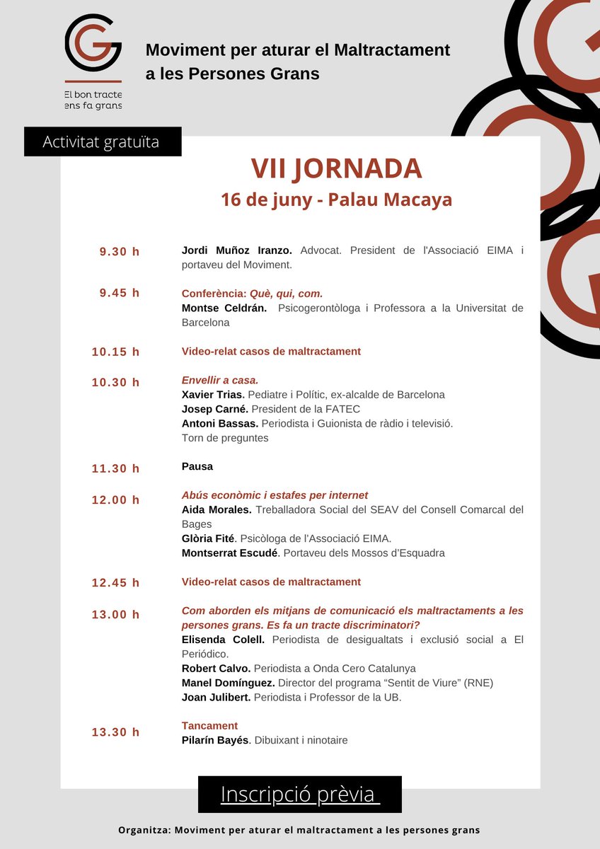 📢 Aturem el maltractament a les persones grans!

Entrada gratuïta amb inscripció prèvia. 

🗓️ Dilluns 16 de juny a les 9.30 h
🔗 Inscripcions 👉 lnkd.in/dAiDQndz
 📍 Palau Macaya – Passeig de Sant Joan, 108, Barcelona

T'esperem!!

#ElBonTracteEnsFaGrans #personesgrans