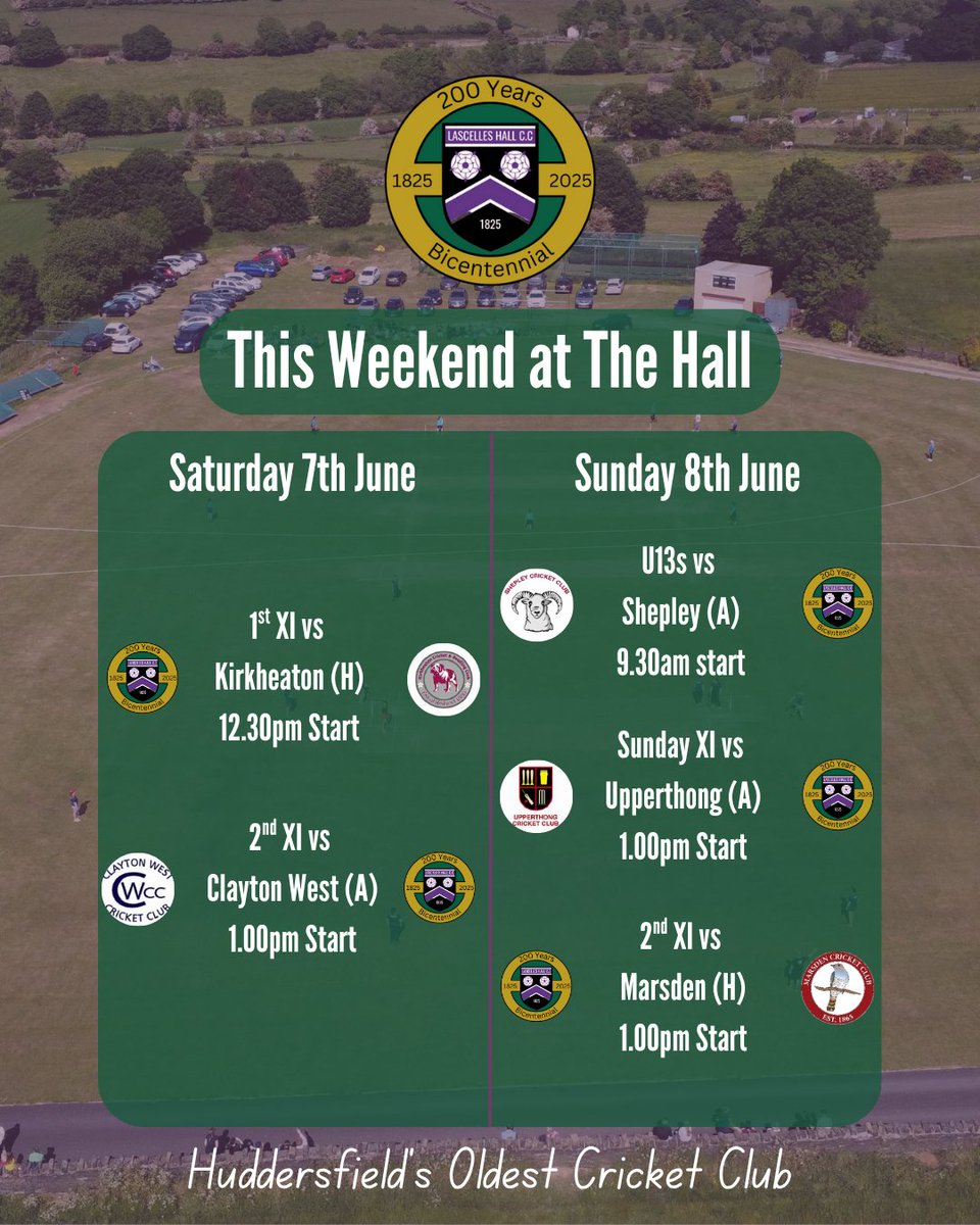Five fixtures to fill your weekend, including a big local derby on Saturday against Kirkheaton, and the re-arranged Earnshaw Cup game on Sunday 💥

#Cricket #LascellesHall #Yorkshire #Huddersfield #YorkshireCricket