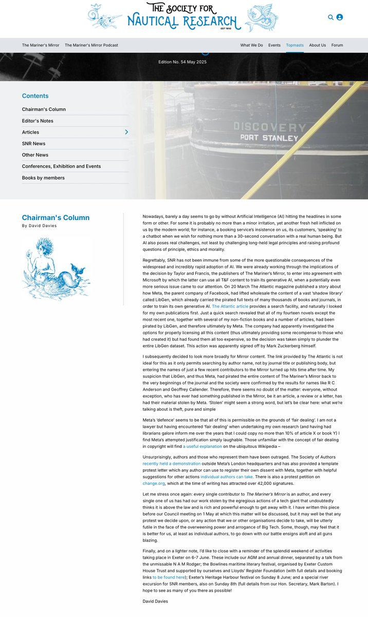 King’s Naval and Maritime Research (@laughtonunit) on Twitter photo Chairman of <a href="/NauticalHistory/">Society for Nautical Research</a> makes statement on multinational technology companies flagrant disregard of international copyright law. Response to recent revelations books & journals have been used to train generative AI and their content has been pirated.
A concern for many. Chairman of <a href="/NauticalHistory/">Society for Nautical Research</a> makes statement on multinational technology companies flagrant disregard of international copyright law. Response to recent revelations books & journals have been used to train generative AI and their content has been pirated.
A concern for many.