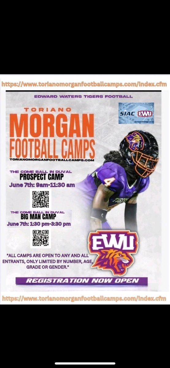 I will be attending <a href="/EdwardWatersFB/">Edward Waters Football</a> Camp tomorrow  <a href="/Toriano81/">Toriano J. Morgan</a>  <a href="/_COACH35/">Eric Caler COACH.35</a>  <a href="/HallQuron/">Quron Hall</a>