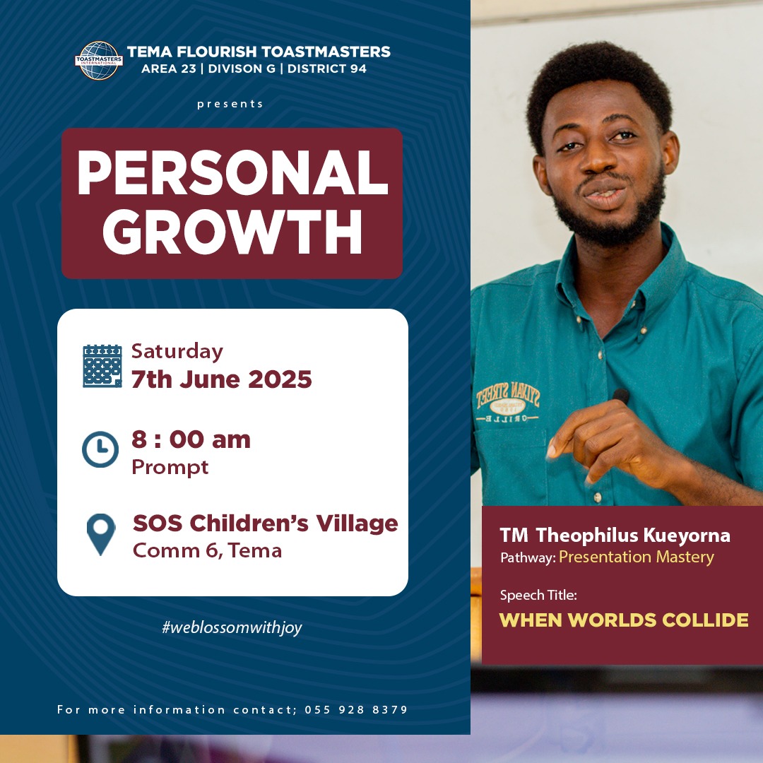 *🔥 Get Ready for an Unforgettable Toastmasters Experience!* 🔥

Listen to TM Theophilus as he takes us on a ride with his speech *WHEN WORLDS COLLIDE* this Saturday.

Get ready for another epic Saturday hybrid meeting on the theme *"PERSONAL GROWTH"* 💪🏾🌟

#WeBlossomWithJoy