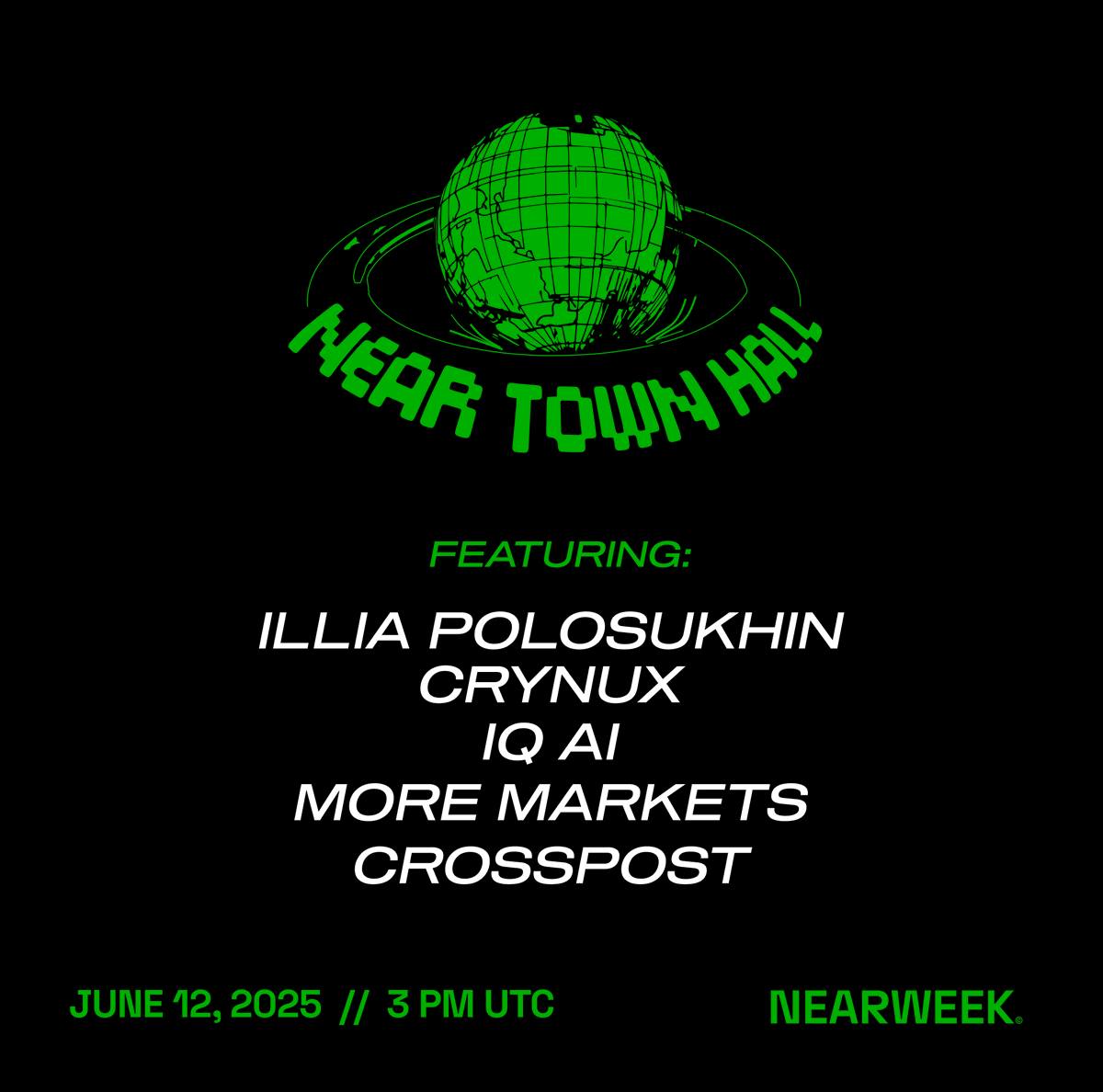 Hear the latest from <a href="/moremarketsxyz/">MoreMarkets</a>, <a href="/IQAICOM/">IQ AI</a>, <a href="/crynuxai/">Crynux AI</a>, <a href="/open_crosspost/">open crosspost</a>, <a href="/ilblackdragon/">Illia (root.near) (🇺🇦, ⋈)</a> and <a href="/potlock_/">POTLOCK</a> at NEAR Town Hall June 12th / 3pm UTCs. Infra, agents, funding, and more.