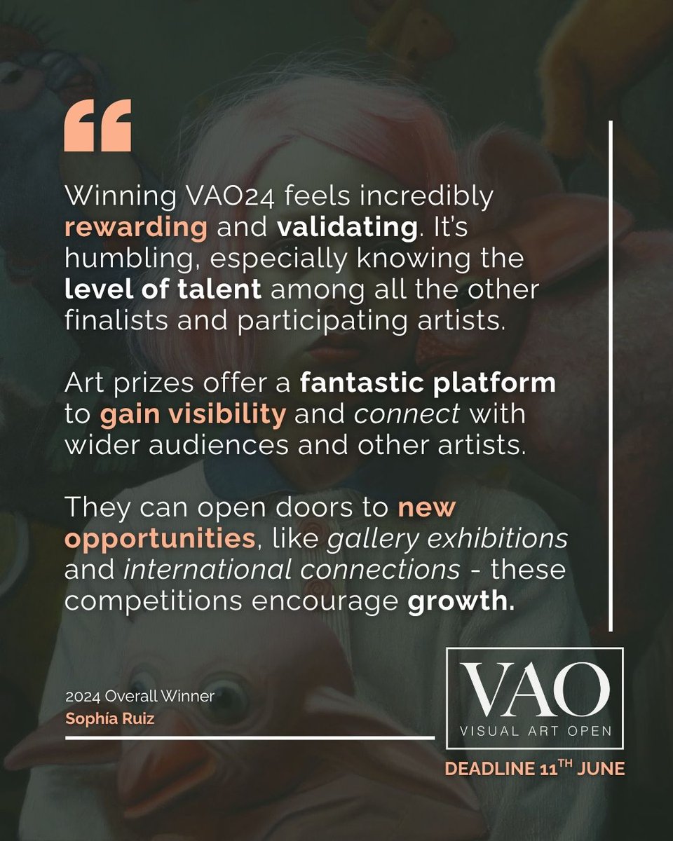 VisualArtOpen's tweet image. We’re proud to spotlight Sophía Ruiz, this Overall Winner of last years VAO!

There’s still time to enter the VAO 2025
🗓️ Deadline: 11th June
📩 Submit: visualartopen.com

#VAO2024 #VisualArtOpen #ArtistTestimonial #CallForArtists #ArtOpportunity @sofia_ruiz_gallery