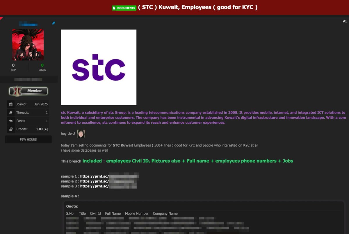 DailyDarkWeb's tweet photo. STC Kuwait Allegedly Breached, Sensitive Employee Data For Sale Online https://t.co/W8VrU7Ihpy https://t.co/0mSdlDG0WR