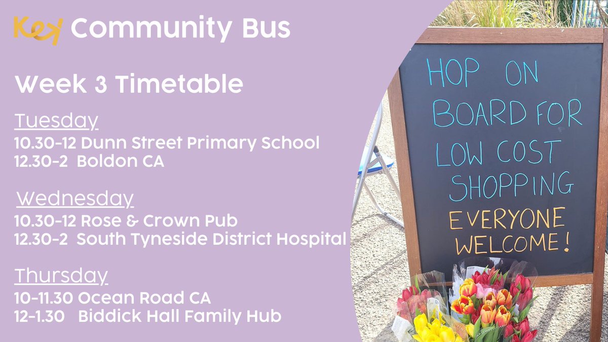 KeyCommunityNE's tweet image. 🚍Hop aboard next week for amazing deals on food &amp;amp; household items! All welcome. Cash, cards &amp;amp; healthy start vouchers accepted. Pls BYOB &amp;amp; if you enjoy shopping with us - tell all your family &amp;amp;  friends! 😊

#keycommunitybus #shoplocal #southtyneside #timetable #week3