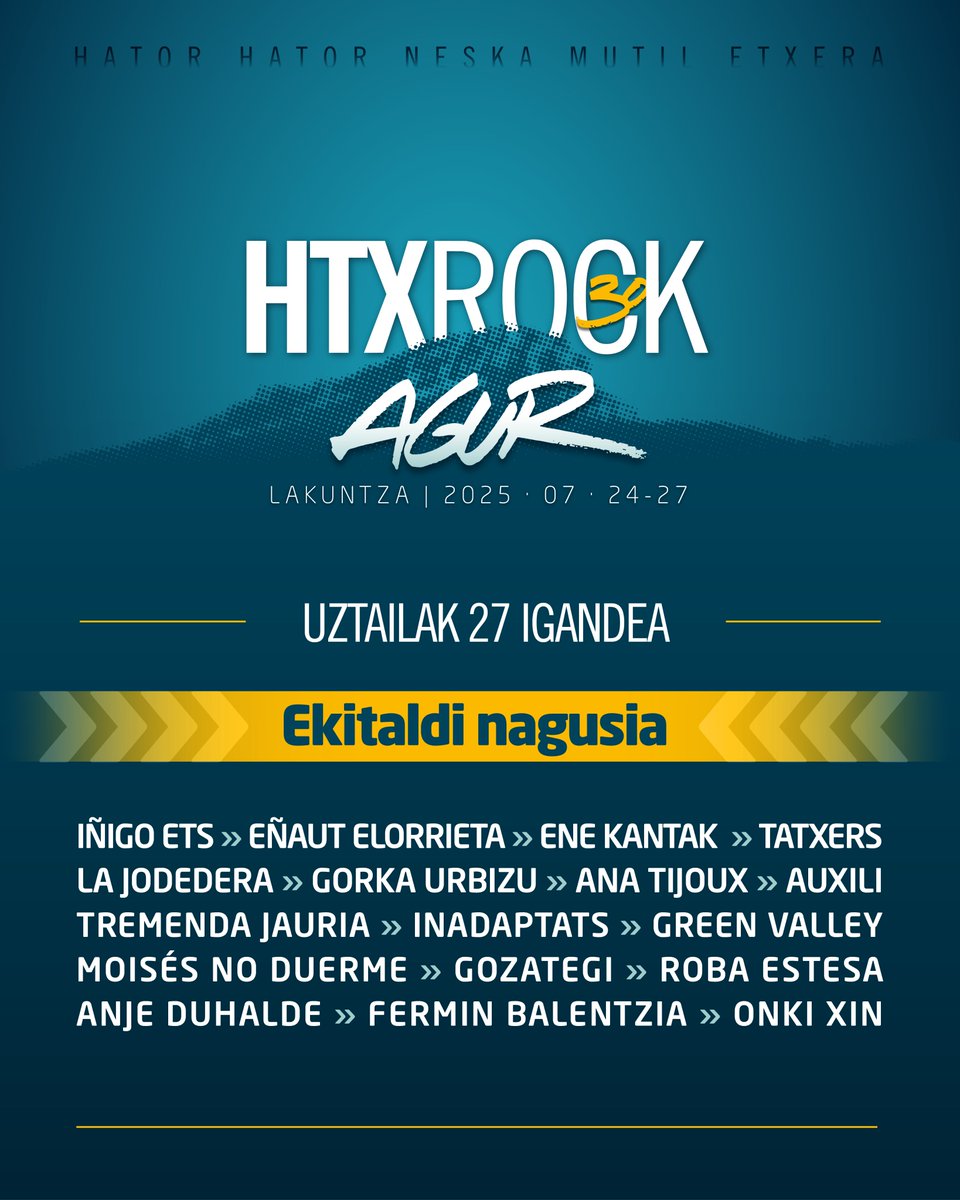 💣💥 EGUNEKO KARTELAK  

Askok eskatu duzue eta hementxe duzue! 5 eszenatoki eta 100 artista inguru ikusteko aukera, zein hautatuko duzu?  

🎫🎫🎫 Bonoak eta eguneko sarrerak salgai 👉 hatortxurock.eus/sarrerak  

#AgurHatortxu #Etxera #Auzolana #Elkartasuna