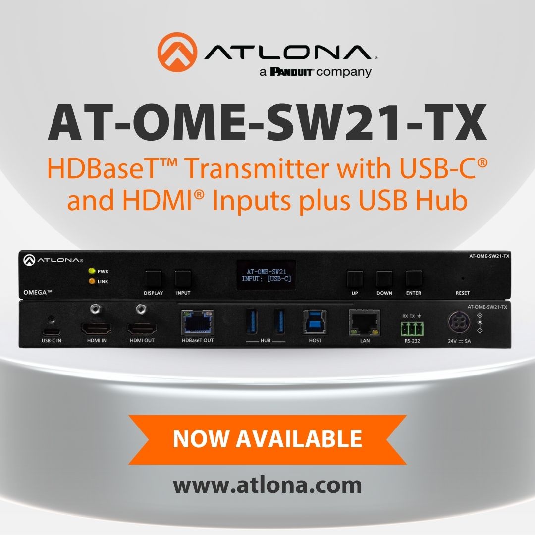 Atlona's tweet image. The Atlona AT-OME-SW21-TX is a compact AV switcher and HDBaseT™ transmitter with USB-C® and HDMI® inputs, supporting 4K video, USB, audio, and control over distances up to 330 feet.

Learn more: ow.ly/vFmA50W5akq

#AVTweeps #ProAV #NetworkedAV #AVinBusiness #Audiovideo