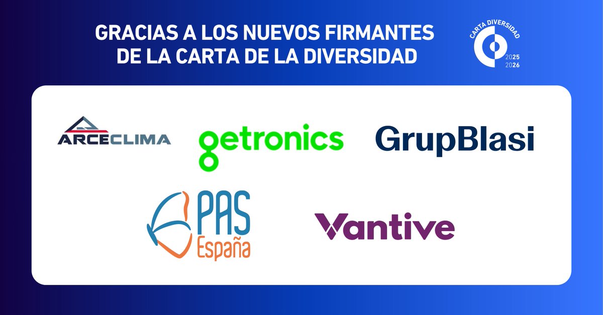 Fundación Diversidad (@fund_diversidad) on Twitter photo 🎉 ¡𝟓 𝐧𝐮𝐞𝐯𝐚𝐬 𝐞𝐦𝐩𝐫𝐞𝐬𝐚𝐬 𝐲 𝐨𝐫𝐠𝐚𝐧𝐢𝐳𝐚𝐜𝐢𝐨𝐧𝐞𝐬 han firmado la 𝐂𝐚𝐫𝐭𝐚 𝐝𝐞 𝐥𝐚 𝐃𝐢𝐯𝐞𝐫𝐬𝐢𝐝𝐚𝐝!
🔹Arce Clima
🔹Getronics
🔹Grup Blasi
🔹PAS España
🔹<a href="/VantiveHealth/">Vantive Health</a>
🙌 ¡Bienvenidas!
💙 Gracias por vuestro compromiso con la #diversidad y la 🎉 ¡𝟓 𝐧𝐮𝐞𝐯𝐚𝐬 𝐞𝐦𝐩𝐫𝐞𝐬𝐚𝐬 𝐲 𝐨𝐫𝐠𝐚𝐧𝐢𝐳𝐚𝐜𝐢𝐨𝐧𝐞𝐬 han firmado la 𝐂𝐚𝐫𝐭𝐚 𝐝𝐞 𝐥𝐚 𝐃𝐢𝐯𝐞𝐫𝐬𝐢𝐝𝐚𝐝!
🔹Arce Clima
🔹Getronics
🔹Grup Blasi
🔹PAS España
🔹<a href="/VantiveHealth/">Vantive Health</a>
🙌 ¡Bienvenidas!
💙 Gracias por vuestro compromiso con la #diversidad y la