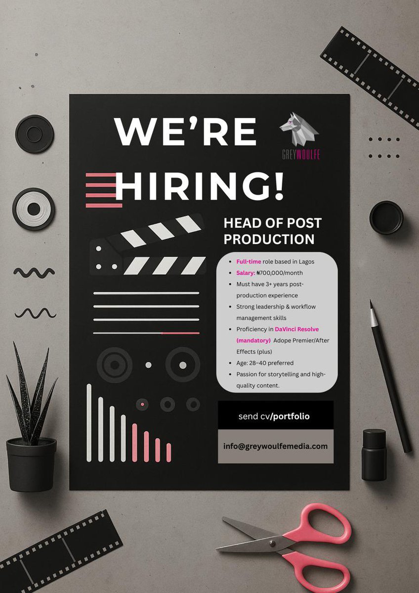 GreyWoulfe's tweet photo. 🎬 We’re Hiring: Head of Post Production. 
We’re looking for a passionate, experienced post-production lead to join our growing team in Lagos.
If you have 3+ years of experience, thrive in high-performance creative environments, and are fluent in DaVinci Resolve — this is for you.
⠀
📩 Send your CV & portfolio to info@greywoulfemedia.com
📆 Application deadline: June 20th, 2025

#greywoulfemedia #hiring #postproductionjobs  #productioncompany