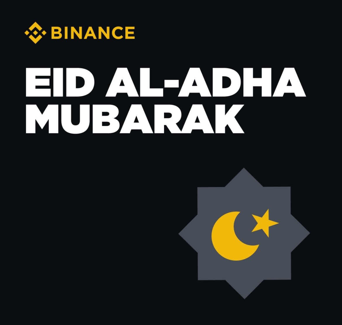 عيد أضحى مبارك!✨

نتمنى لكم ولعائلاتكم عيدًا سعيدًا مليئًا بالفرح والبركة. و أعاده الله علينا وعليكم بالصحة والنجاح في الدنيا! 💛

شكراً لكونكم جزءًا من مجتمع Binance العربي. 
كل عام وانتم بخير 🙏