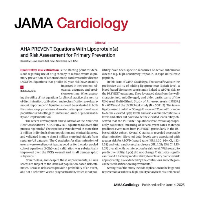 Editorial: The PREVENT equations enhance cardiovascular risk assessment, and while adding lipoprotein(a) doesn't improve prediction, measuring it can personalize risk due to its role as a causal factor. ja.ma/43M4VKP