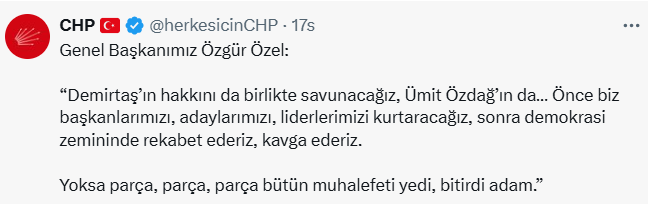 Özer Sencar ve siyaset mühendisliği ekibi, "Türkiye'nin en saygın(!) ve yetkin(!) akademisyenleri" trolleri bu gönderiye bik bik etti.
Özgür Özel dünkü söyleşide çok önemli mesajlar verdi. Özellikle şu bölüm, Sencar ekibini mutsuz etmiş olmalı.  Genel Başkan, kimseyi dışlamıyor.
