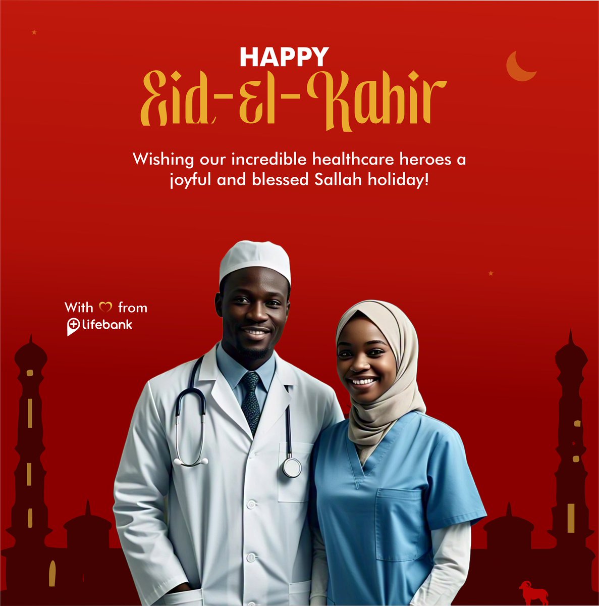 Eid Mubarak from all of us at LifeBank! 💛

To our healthcare heroes working through the holiday—thank you for your unwavering dedication.

Wishing you peace, joy &amp; blessings this season.

Barika de Sallah!

#EidMubarak #EidElKabir