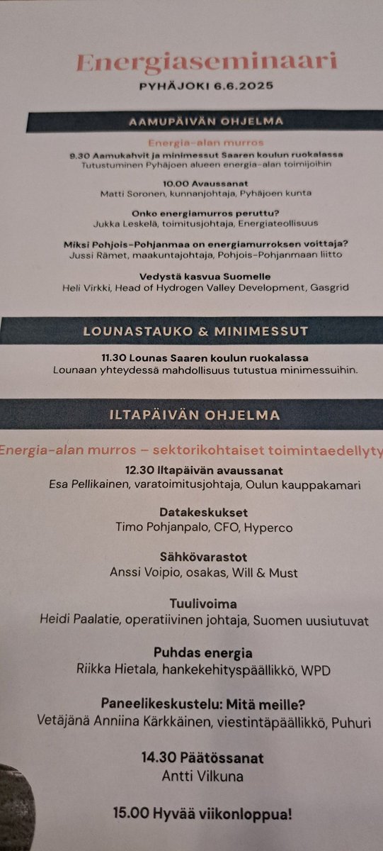 Jussi Rämet (@jussiramet) on Twitter photo Jo perinteikäs energiaseminaari järjestetään nyt ensimmäistä kertaa Pyhäjoella. Kiitos kunnalle ja järjestäjille mahdollisuudesta käyttää <a href="/ppliitto/">Pohjois-Pohjanmaan liitto</a> puheenvuoro vaatimattomalla otsikolla: Miksi Pohjois-Pohjanmaa on energiamurroksen voittaja? Jo perinteikäs energiaseminaari järjestetään nyt ensimmäistä kertaa Pyhäjoella. Kiitos kunnalle ja järjestäjille mahdollisuudesta käyttää <a href="/ppliitto/">Pohjois-Pohjanmaan liitto</a> puheenvuoro vaatimattomalla otsikolla: Miksi Pohjois-Pohjanmaa on energiamurroksen voittaja?