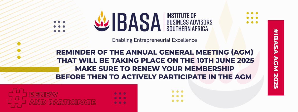 Reminders to attend our IBASA AGM taking place on the 10th of June 2025, virtually via MS Teams from 10H00 to 12H30.To register, please click on the following link: events.teams.microsoft.com/.../f176600a-8….... For assistance, contact the Company Secretary at ibasa@rslv.co.za.