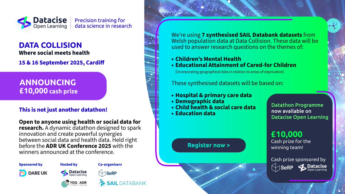 PopDataSci_SU's tweet image. 🚨£10,000 cash prize for the winning team at Data Collision: Where Social Meets Health
🤝This datathon is a dynamic space for collaboration, innovation, and impact, right before @ADRUK2025 UK Conference.
📅15-16 September 2025, Cardiff
🔗dataciseopenlearning.org/data-collision…
@RDS_Scotland