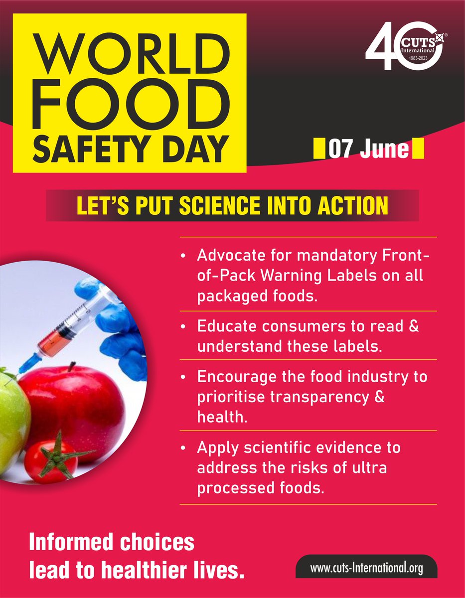 This World Food Safety Day 2025
Let’s Put Science into Action!

📷Demand clear front-of-pack labels
📷Educate, empower, choose better
📷Science vs. ultra-processed risks

Informed choices = Healthier lives.

#WorldFoodSafetyDay #FOPL #FoodSafety  #cutsinternational